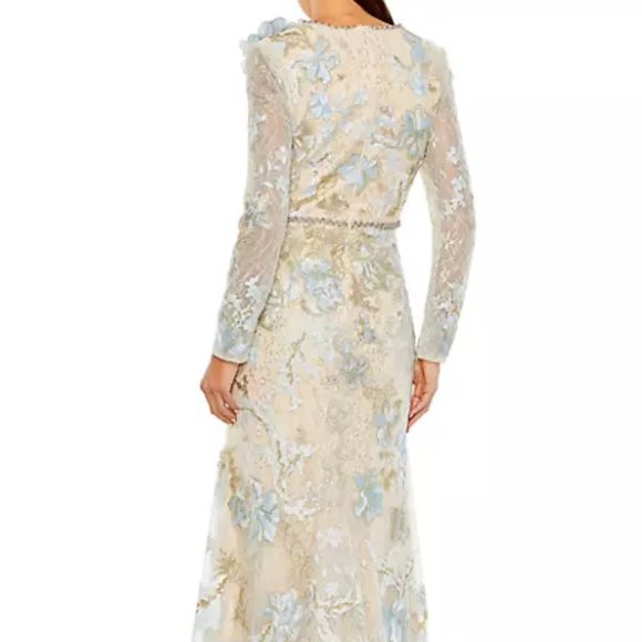 Mac Duggal - 11174 Long Sleeve Floral Accented Long Gown in Ice Blue - Picture 3 of 10